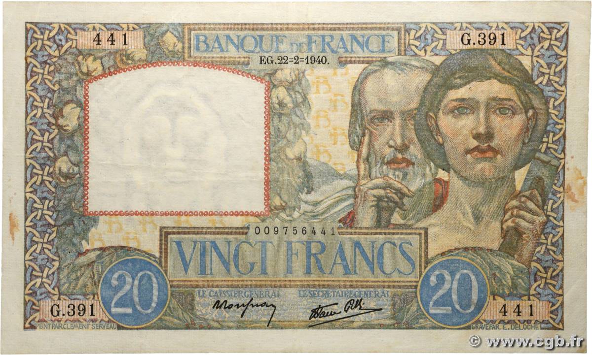 20 Francs TRAVAIL ET SCIENCE FRANCE  1940 F.12.02 pr.TTB