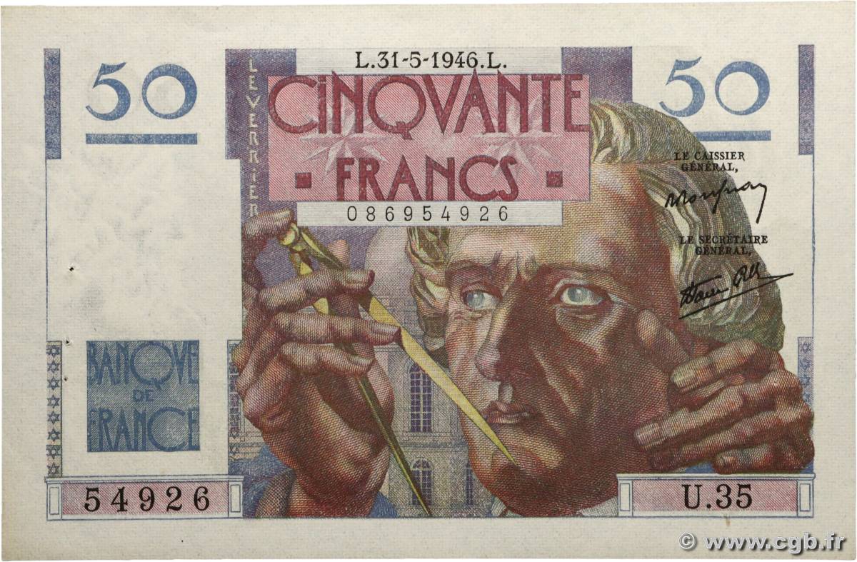 50 Francs LE VERRIER FRANCE  1946 F.20.05 pr.SPL