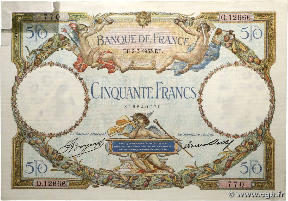 50 Francs LUC OLIVIER MERSON type modifié FRANCE  1933 F.16.04 TB
