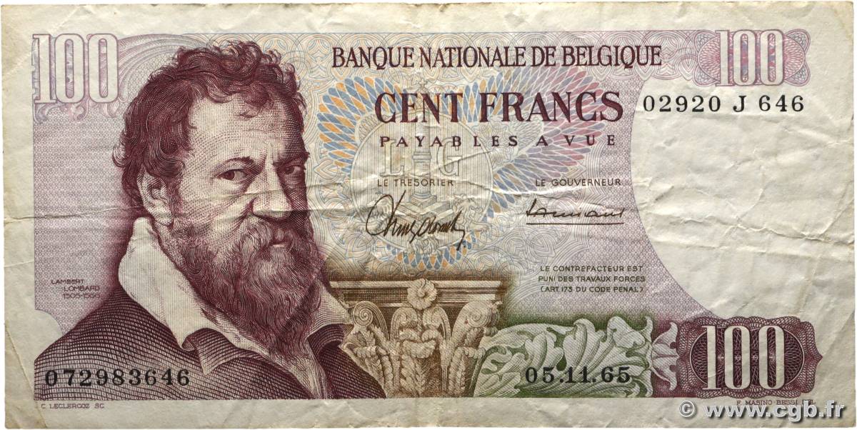 100 Francs BELGIUM  1965 P.134a F