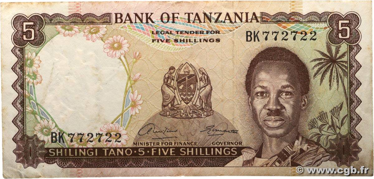 5 Shillings TANZANIA  1966 P.01a F+