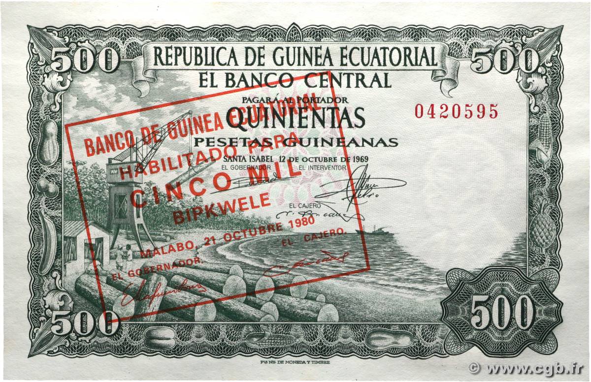 5000 Bipkwele sur 500 Pesetas EQUATORIAL GUINEA  1980 P.19 UNC-
