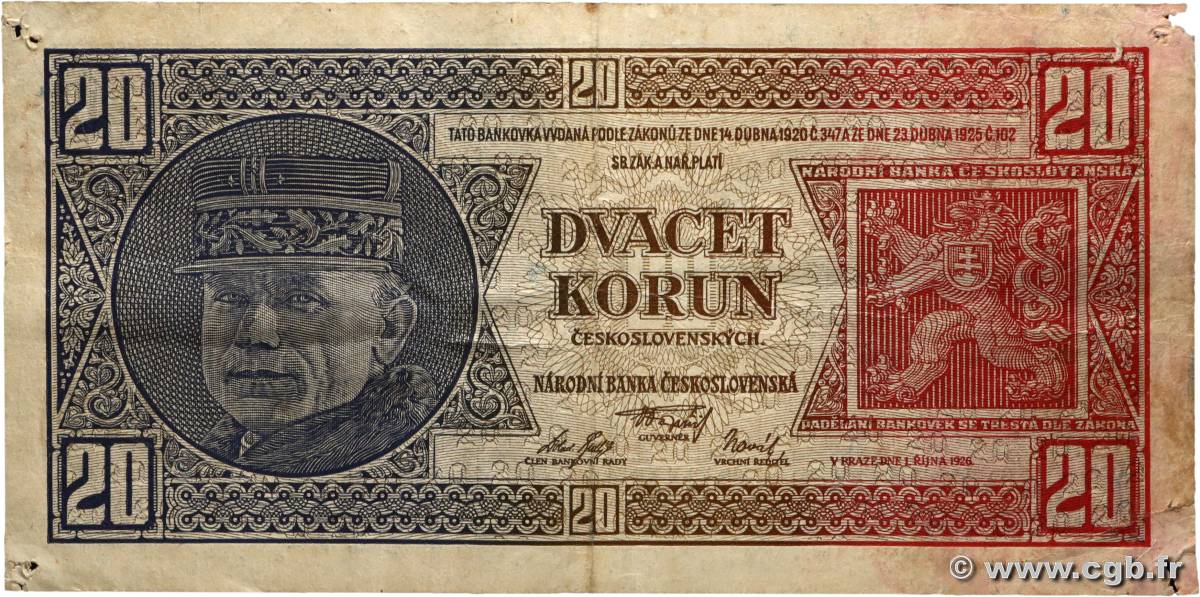 20 Korun CZECHOSLOVAKIA  1926 P.021a F