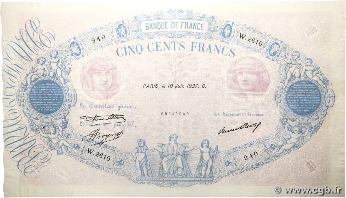 500 Francs BLEU ET ROSE FRANCE  1937 F.30.38 VF
