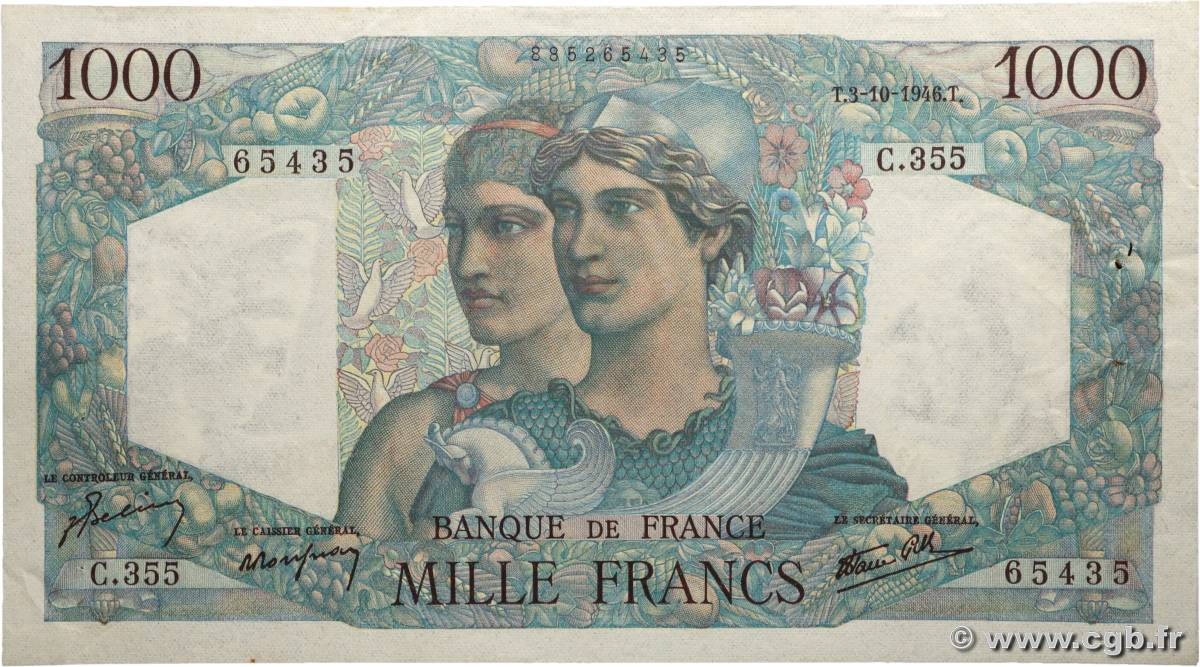 1000 Francs MINERVE ET HERCULE FRANCE  1946 F.41.17 SUP