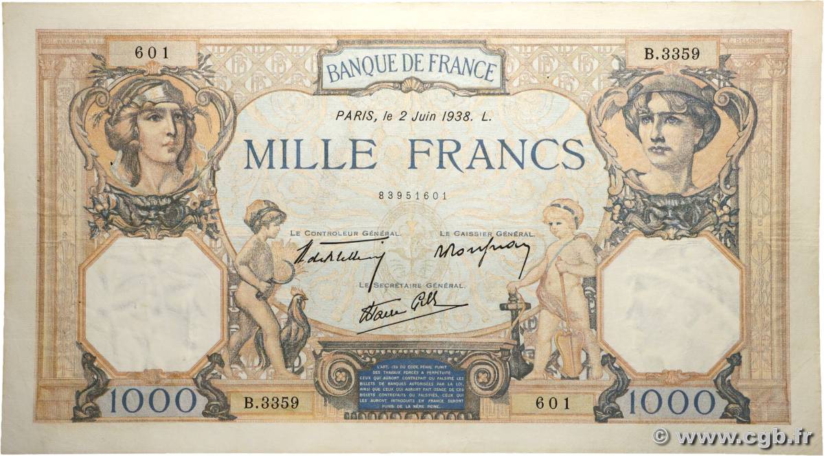 1000 Francs CÉRÈS ET MERCURE type modifié FRANCE  1938 F.38.17 TB+