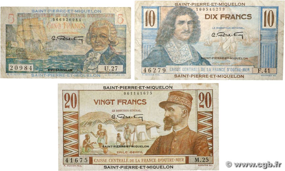 5 Francs Bougainville, 10 Francs Colbert et 20 Francs Émile Gentil Lot SAINT PIERRE ET MIQUELON  1946 P.22, P.23 et P.24 B+