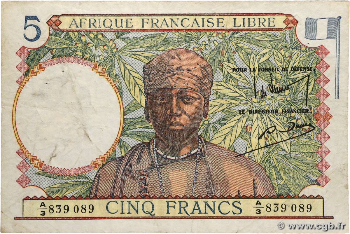 5 Francs type 1941 AFRIQUE ÉQUATORIALE FRANÇAISE Brazzaville 1942 A.114a TB