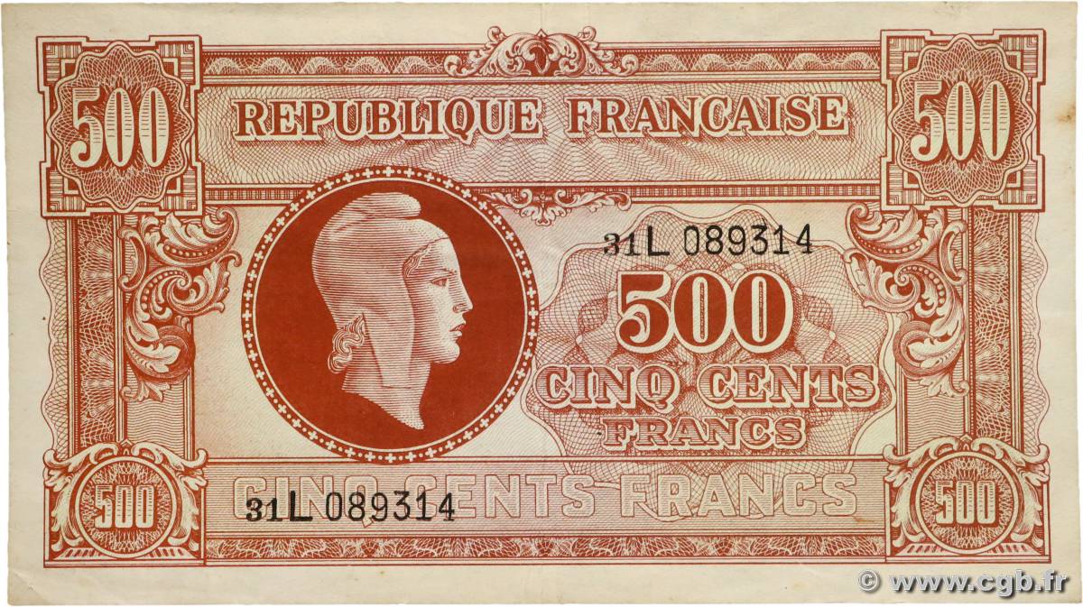 500 Francs MARIANNE fabrication anglaise FRANCE Brazzaville 1945 VF.11.01 TTB+