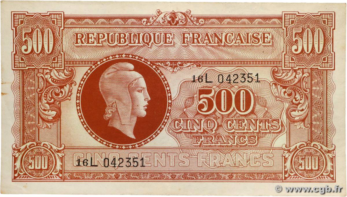 500 Francs MARIANNE fabrication anglaise FRANCE Brazzaville 1945 VF.11.01 TTB