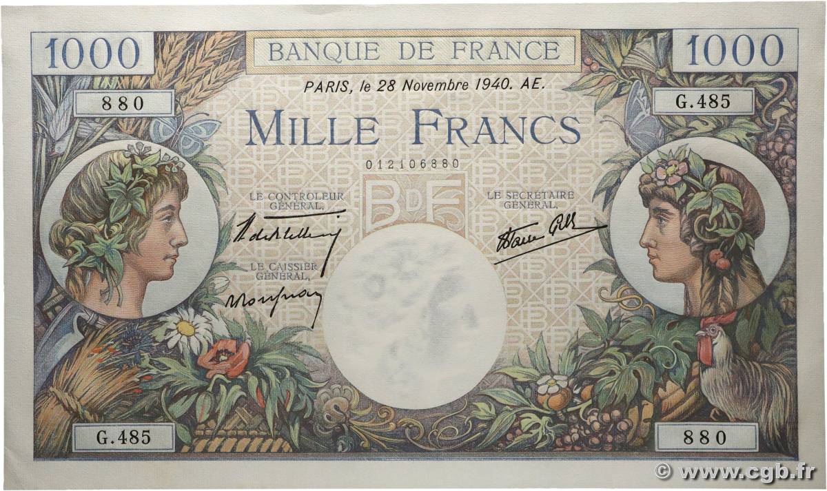 1000 Francs COMMERCE ET INDUSTRIE FRANCE  1940 F.39.02 AU+