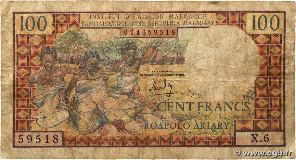 100 Francs - 20 Ariary MADAGASCAR  1966 P.057a VG