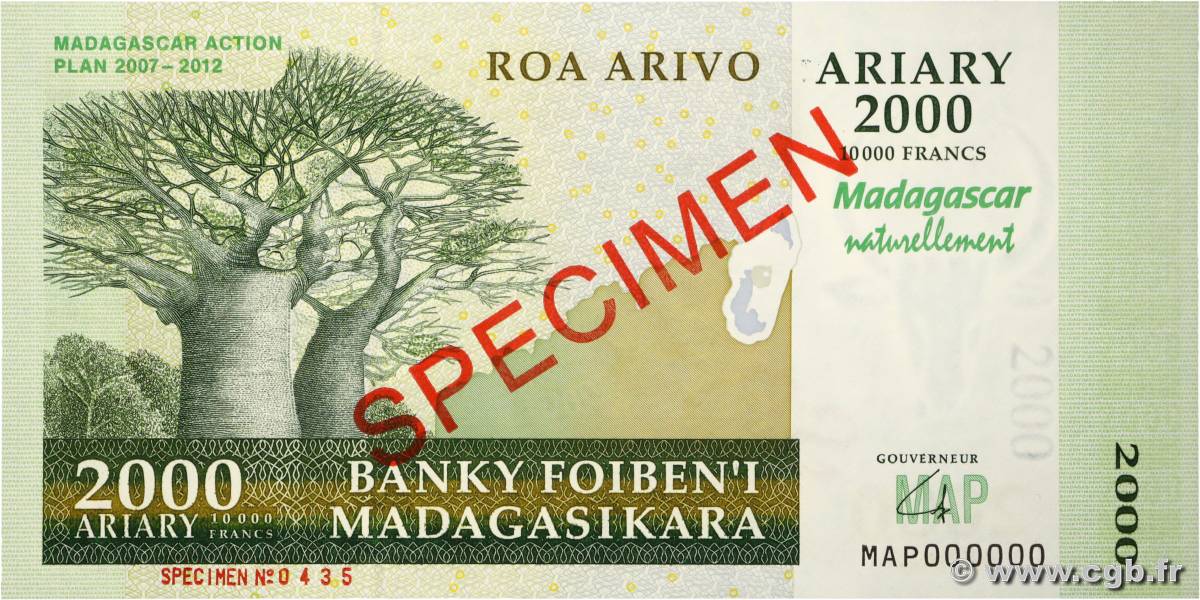 10000 Francs - 2000 Ariary Spécimen MADAGASCAR  2007 P.093 UNC