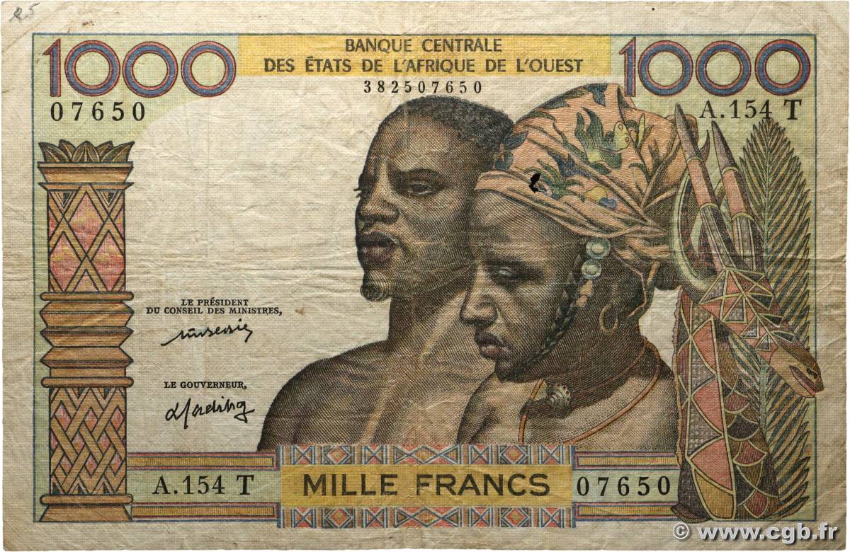 1000 Francs WEST AFRICAN STATES  1977 P.803Tn VG