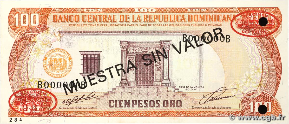 100 Pesos Oro Spécimen RÉPUBLIQUE DOMINICAINE  1991 P.136s1 NEUF