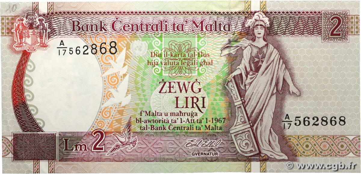 2 Liri MALTA  1989 P.45d VF+