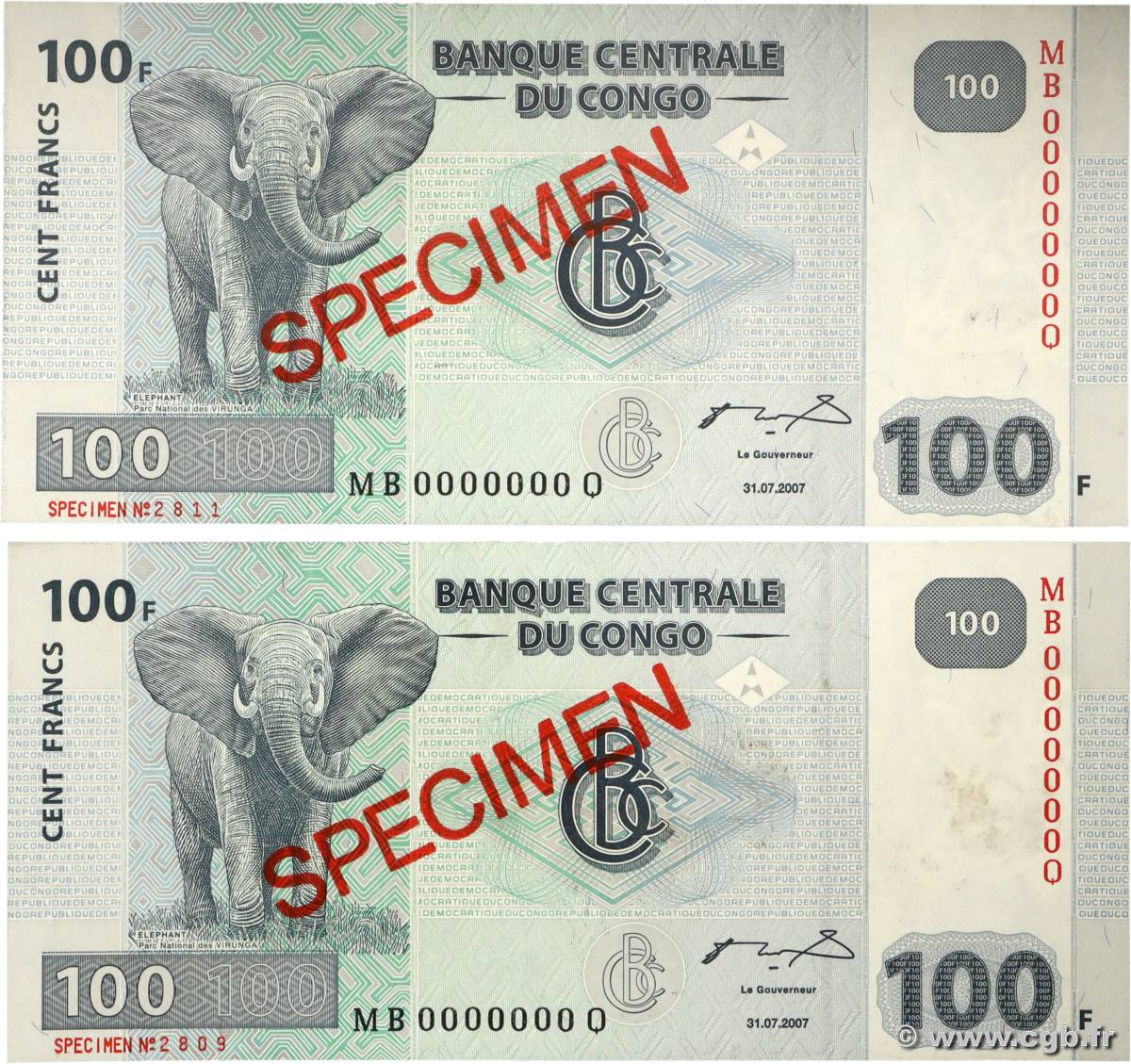 100 Francs Spécimen CONGO, DEMOCRATIC REPUBLIC  2007 P.098As UNC