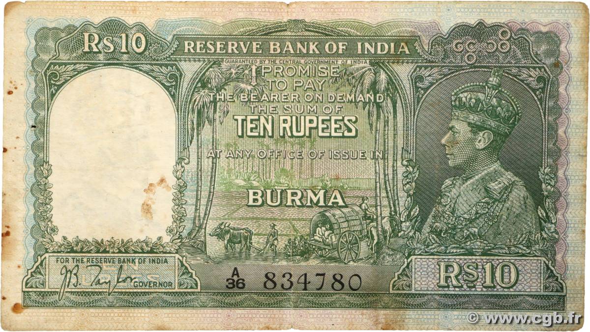 10 Rupees BURMA (SEE MYANMAR)  1938 P.05 VG