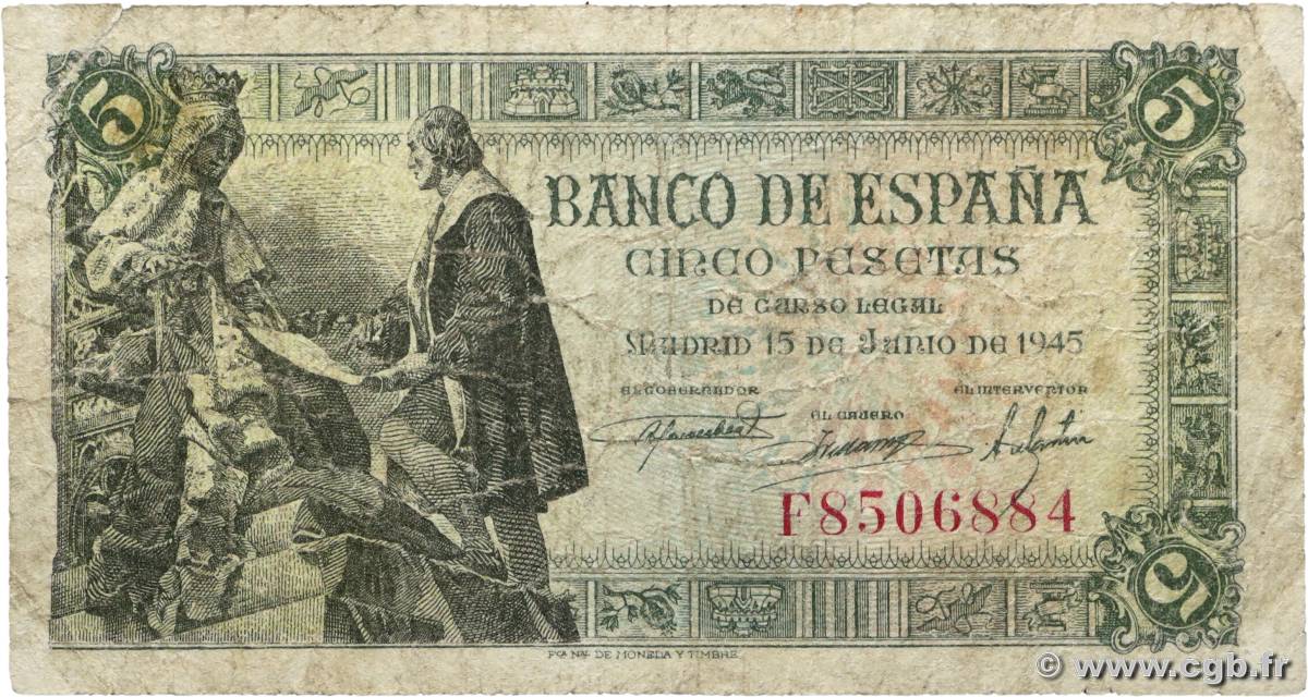 5 Pesetas SPANIEN  1945 P.129 SGE