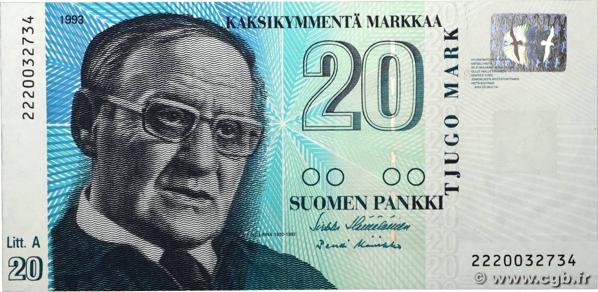 20 Markkaa FINLAND  1993 P.123 UNC