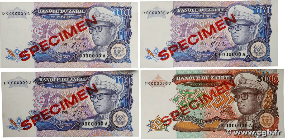 100 et 500 Zaïres Spécimen ZAÏRE  1988 P.33s et P.34s pr.NEUF