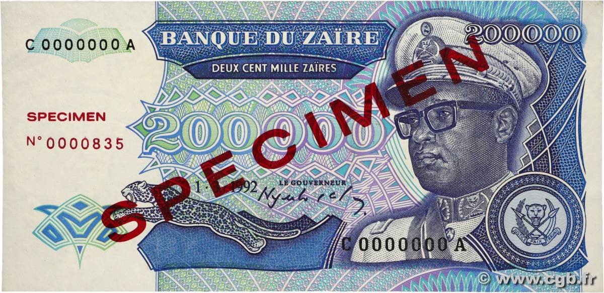 200000 Zaïres Spécimen ZAÏRE  1992 P.42s NEUF