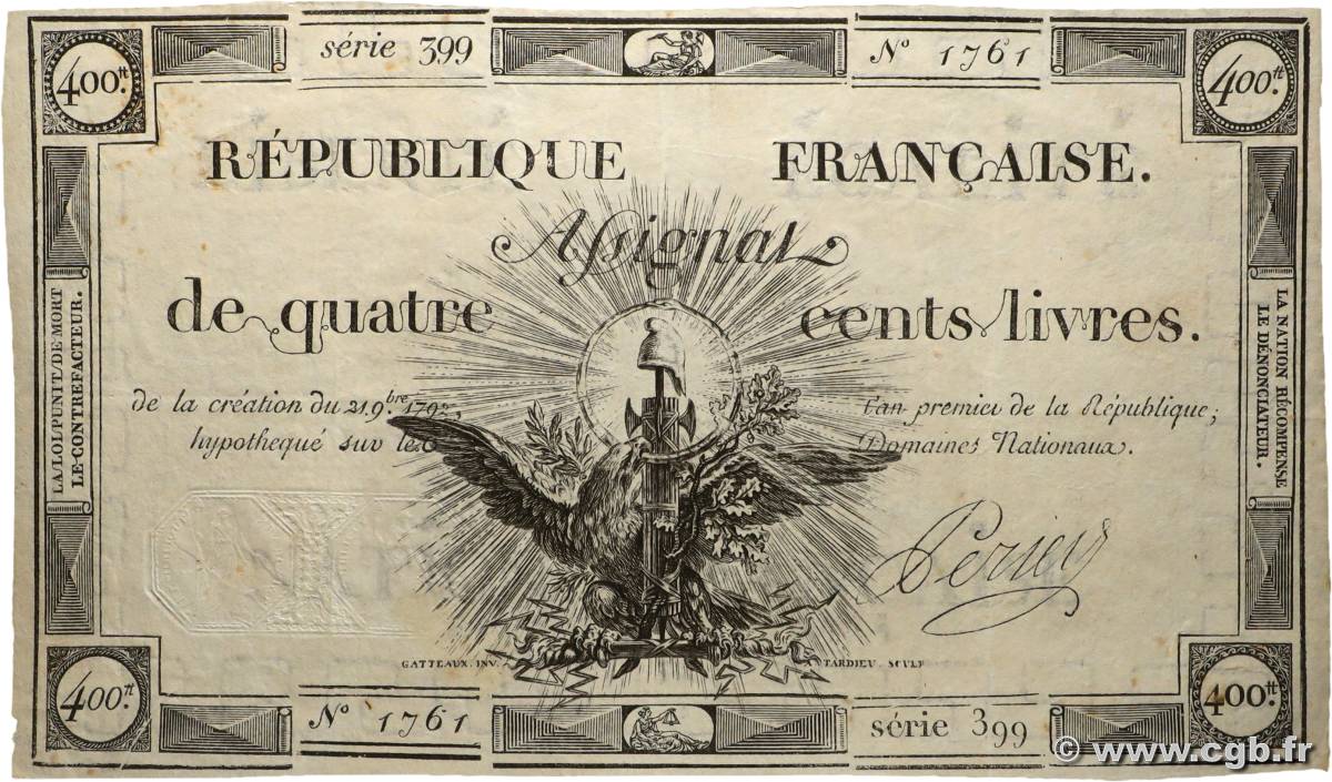400 Livres FRANCE  1792 Ass.38a TTB+