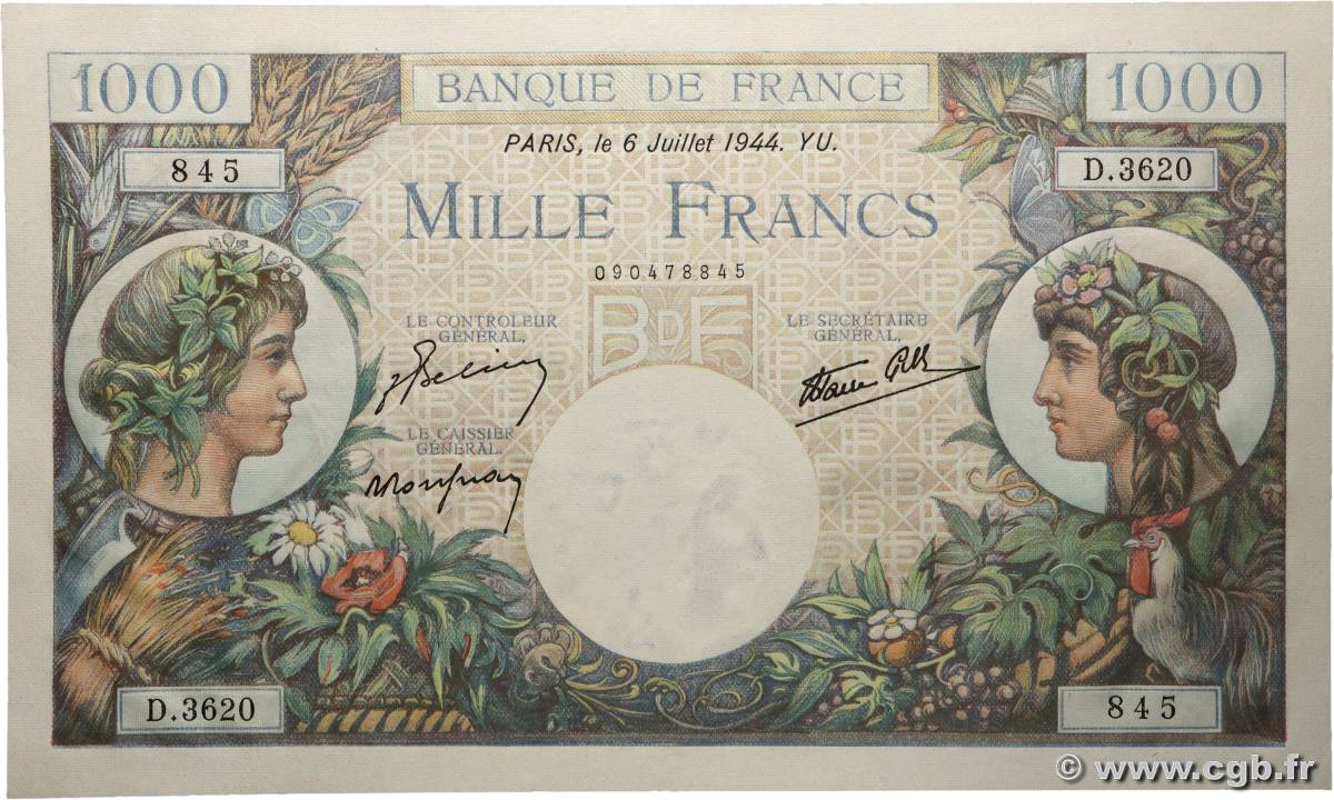 1000 Francs COMMERCE ET INDUSTRIE FRANCE  1944 F.39.10 AU