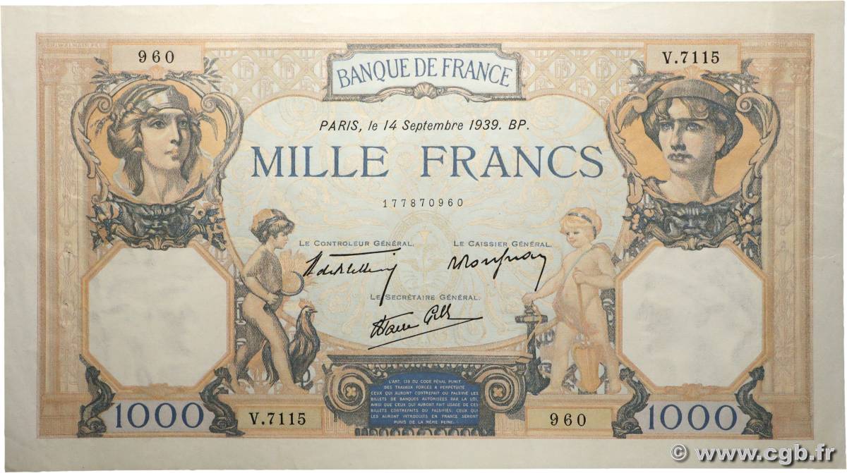 1000 Francs CÉRÈS ET MERCURE type modifié FRANCIA  1939 F.38.36 EBC+