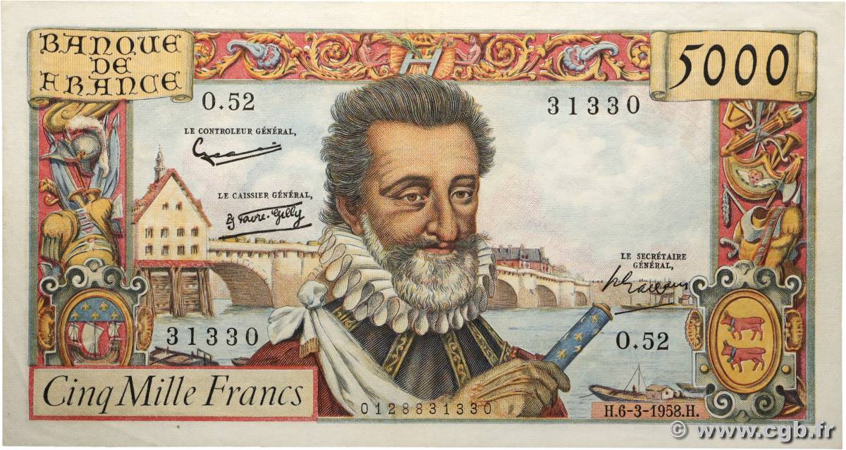 5000 Francs HENRI IV FRANCIA  1958 F.49.06 EBC