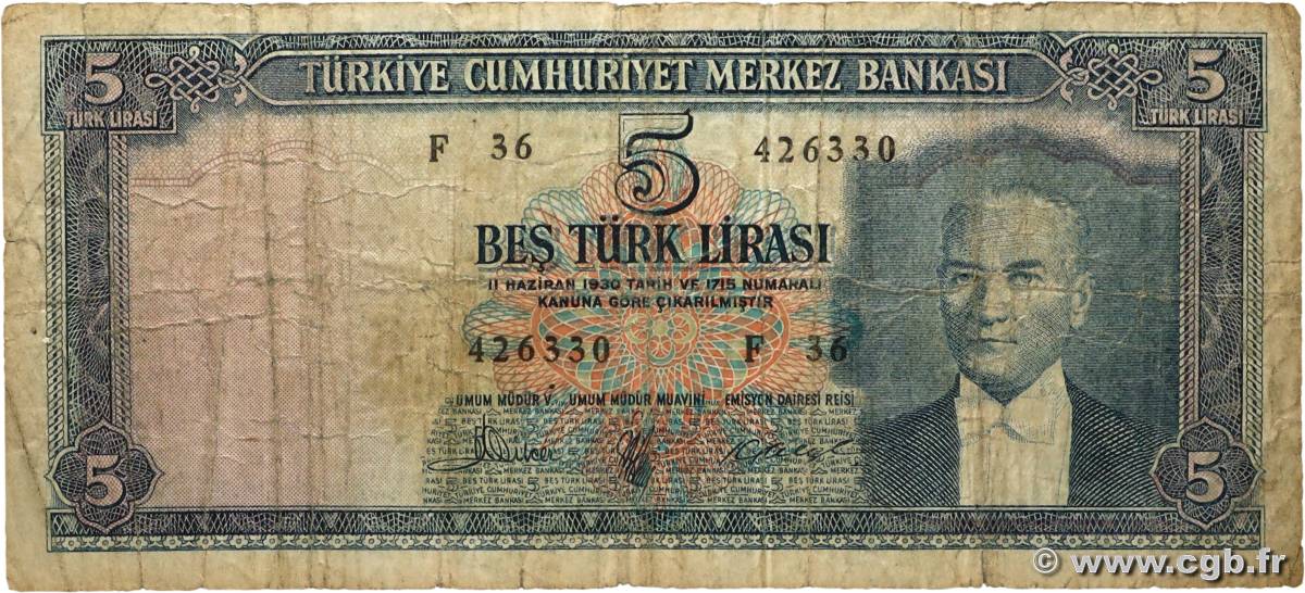 5 Lira TURKEY  1961 P.173 VG