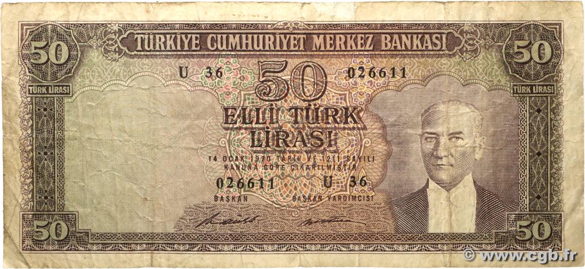 50 Lira TURKEY  1970 P.187A VG
