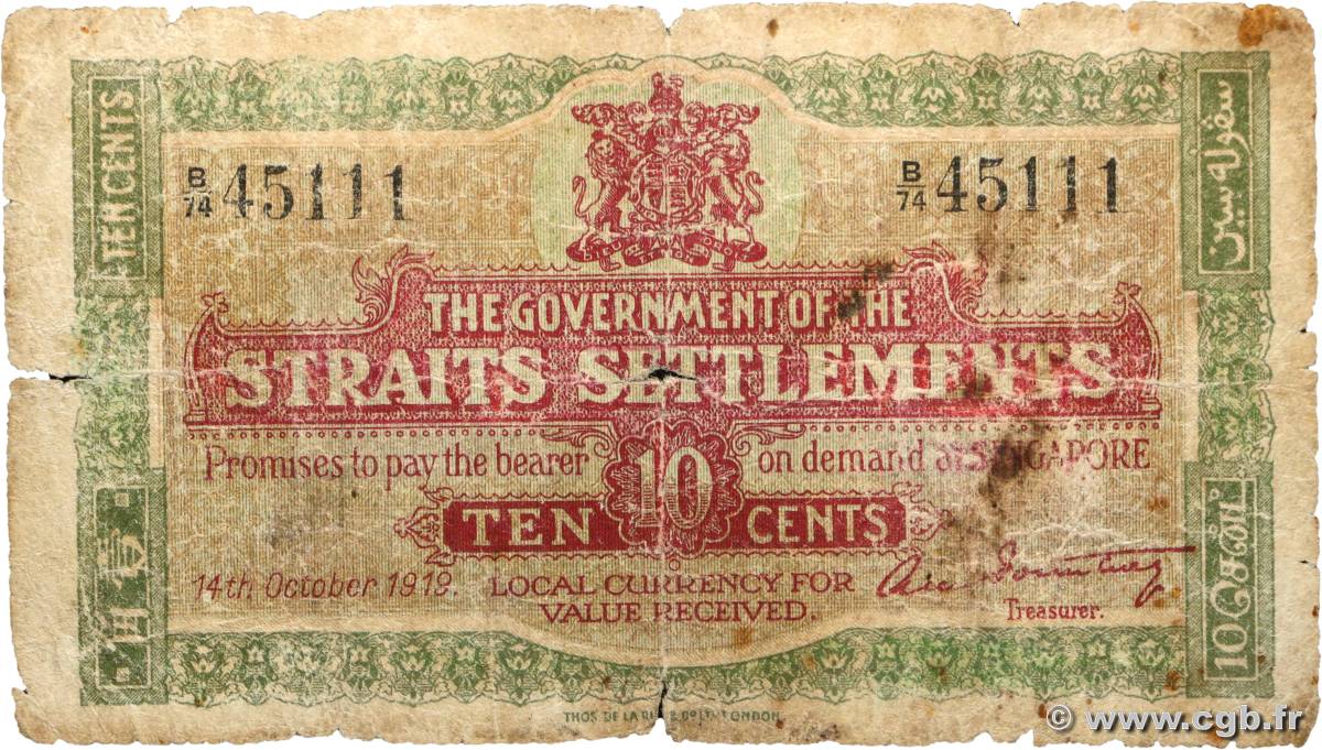 10 Cents MALESIA - INSEDIAMENTI DELLO STRETTO  1919 P.08b q.B