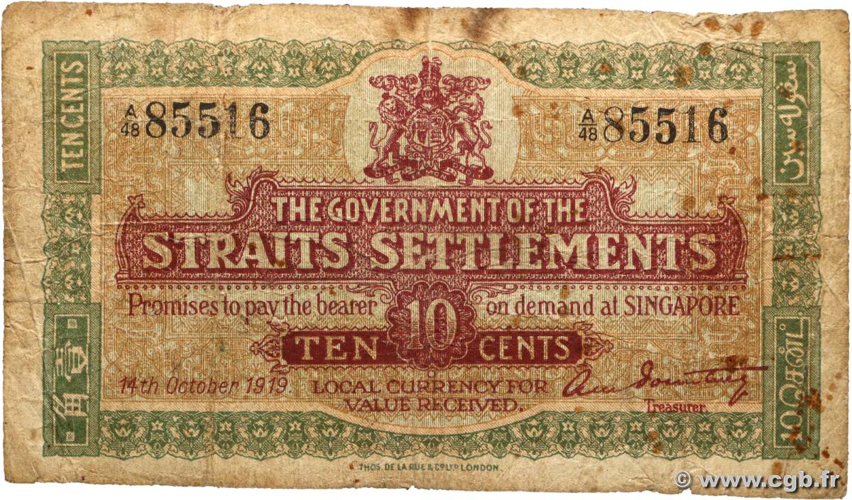 10 Cents MALAISIE - ÉTABLISSEMENTS DES DÉTROITS  1919 P.08b B+