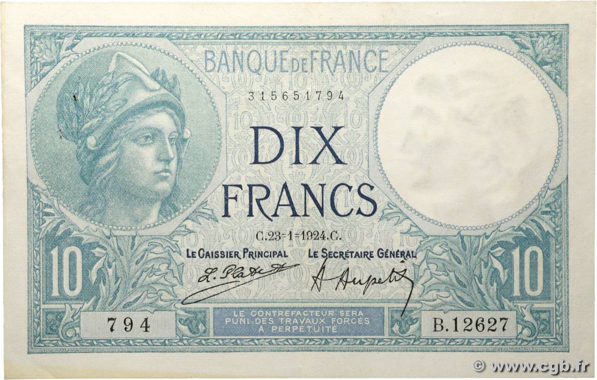 10 Francs MINERVE FRANCE  1924 F.06.08 XF