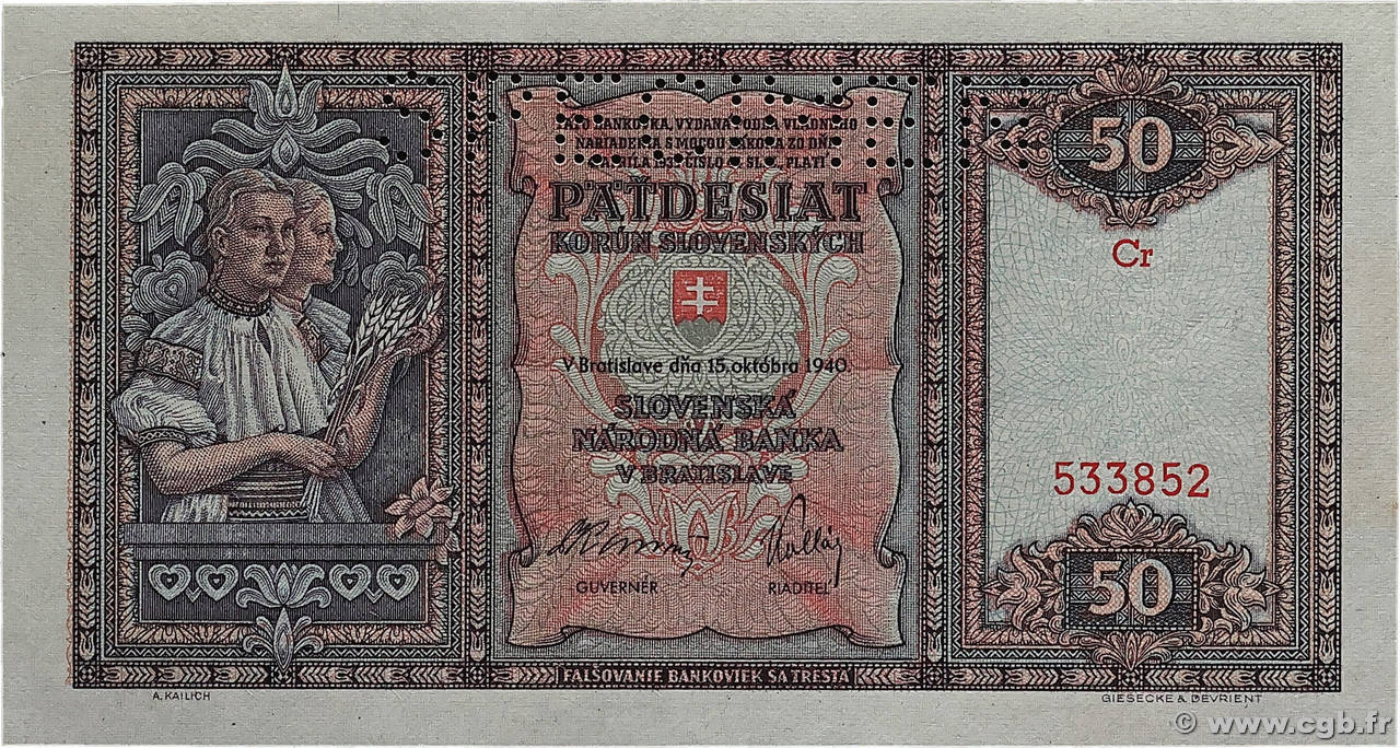 50 Korun Spécimen SLOVAQUIE  1940 P.09s pr.NEUF