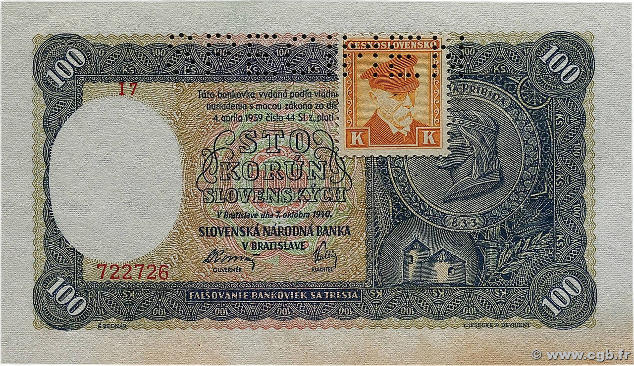 100 Korun Spécimen TCHÉCOSLOVAQUIE  1945 P.051s SPL