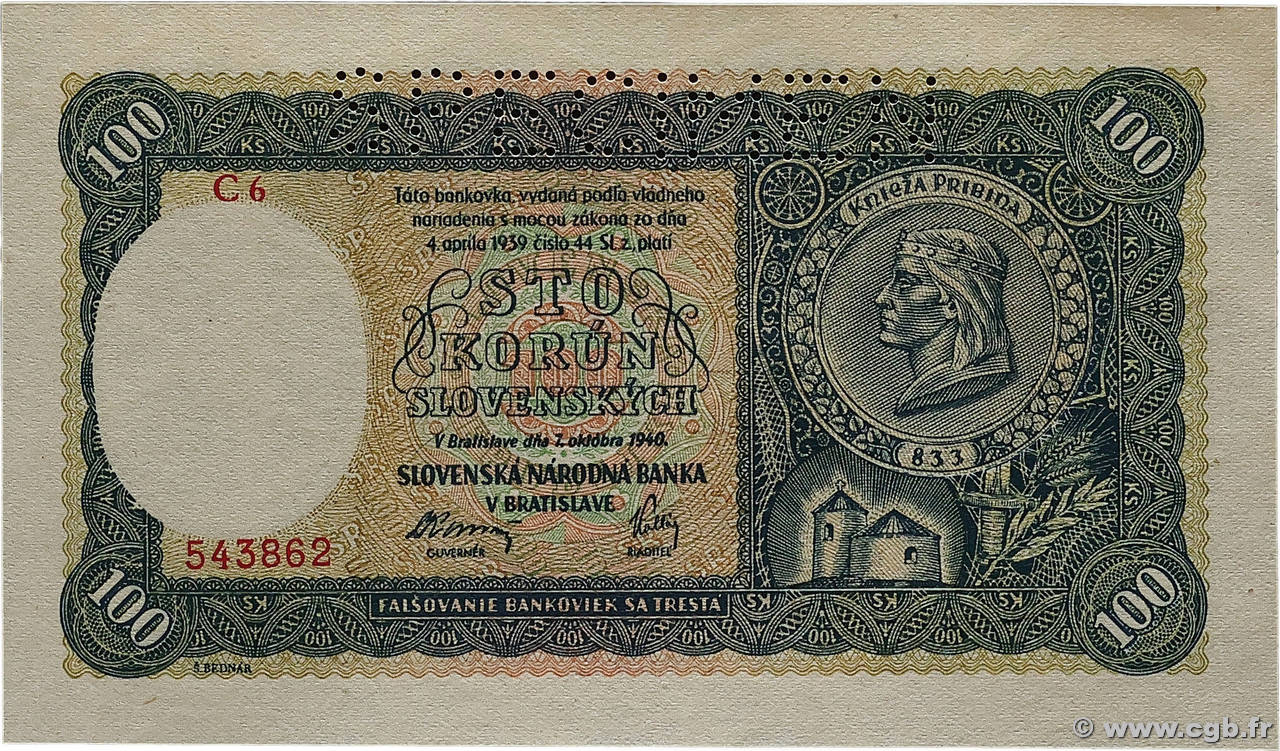 100 Korun Spécimen SLOVAQUIE  1940 P.11s pr.NEUF