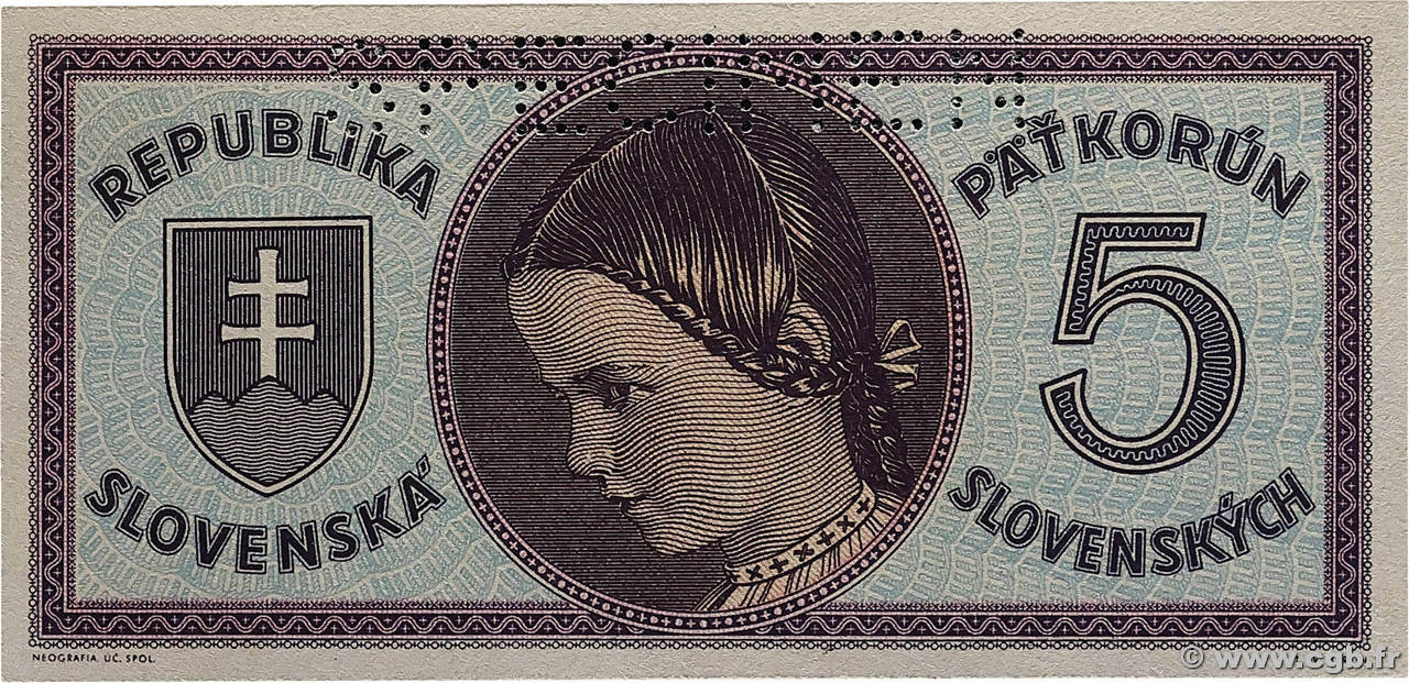 5 Korun Spécimen SLOVAQUIE  1945 P.08s NEUF