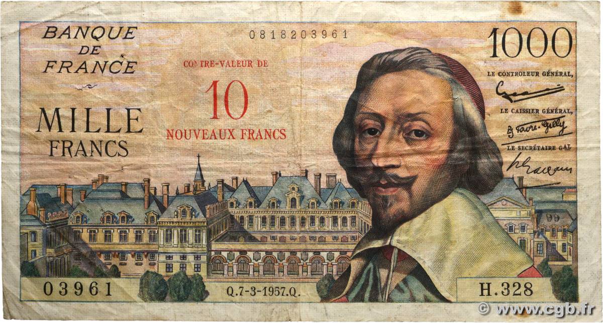 10 NF sur 1000 Francs RICHELIEU FRANCE  1957 F.53.01 TB