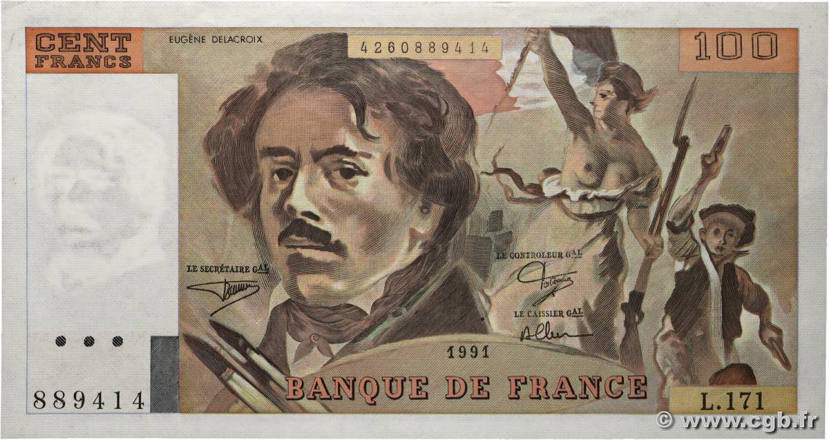 100 Francs DELACROIX imprimé en continu FRANCE  1991 F.69bis.04a SUP+