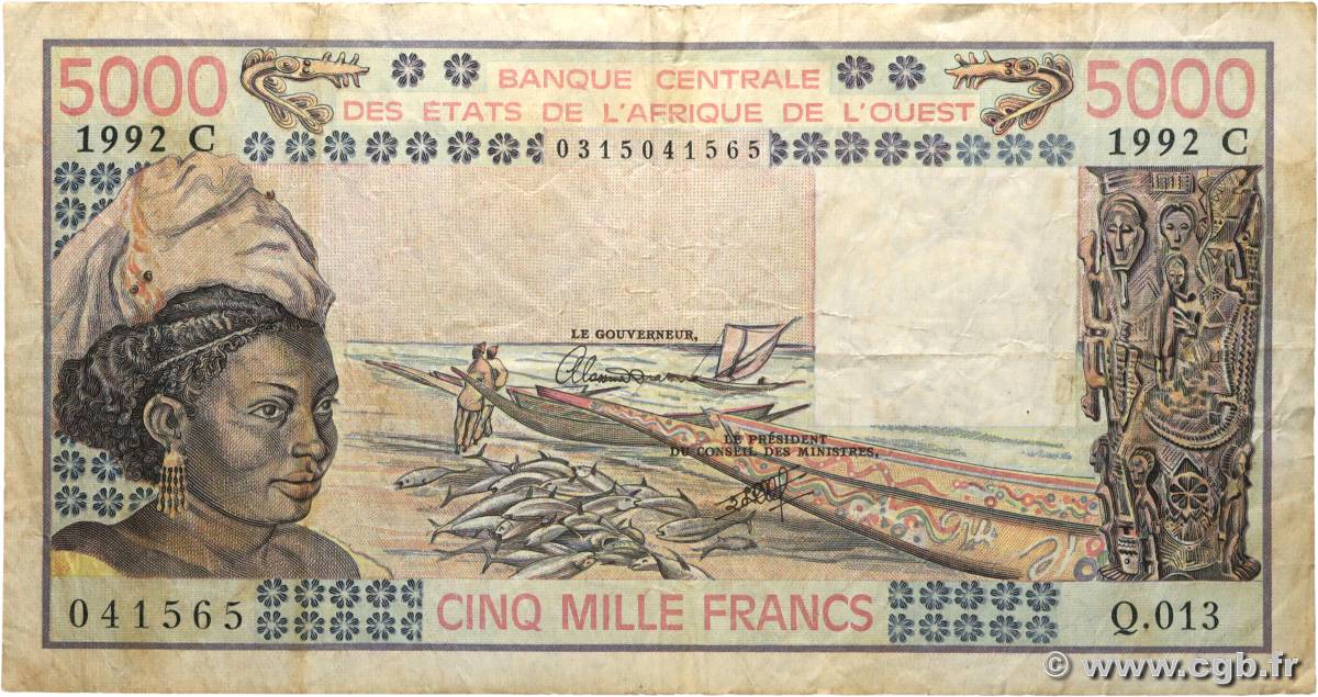 5000 Francs ÉTATS DE L AFRIQUE DE L OUEST  1992 P.308Cp TB