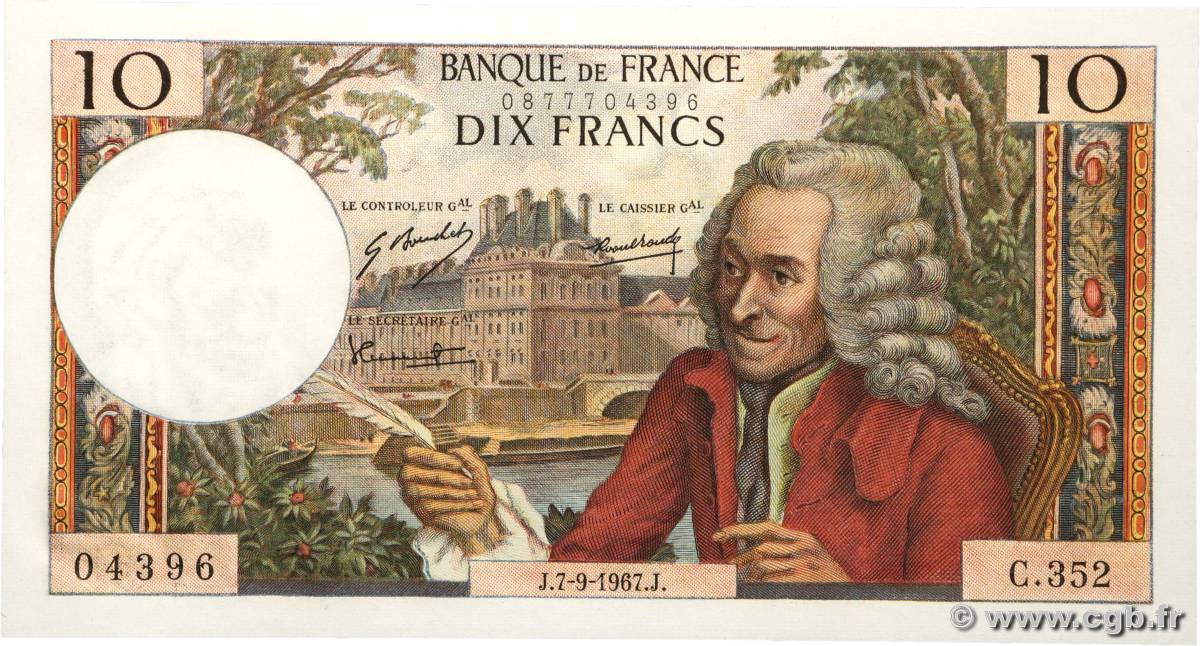 10 Francs VOLTAIRE FRANCIA  1967 F.62.28 FDC