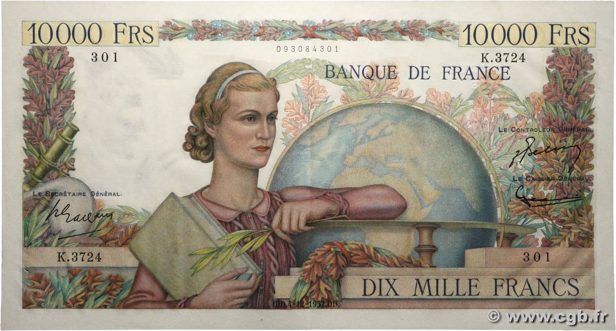 10000 Francs GÉNIE FRANÇAIS FRANCIA  1952 F.50.62 EBC