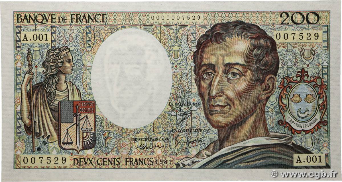 200 Francs MONTESQUIEU Petit numéro FRANCE  1981 F.70.01A1 UNC