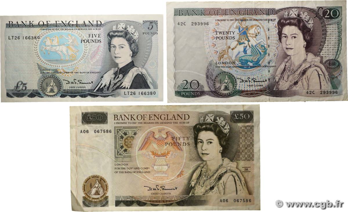 5, 20 et 50 Pounds Lot ANGLETERRE  1980 P.378c, P.380d et P.381a TTB