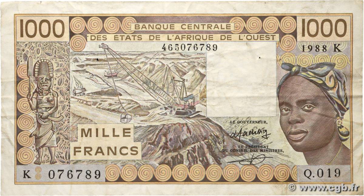 1000 Francs ÉTATS DE L AFRIQUE DE L OUEST  1988 P.707Ka TB+