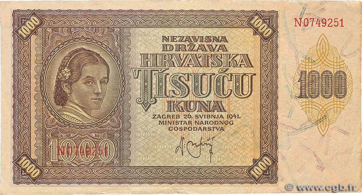 1000 Kuna CROATIA  1941 P.04a VF+