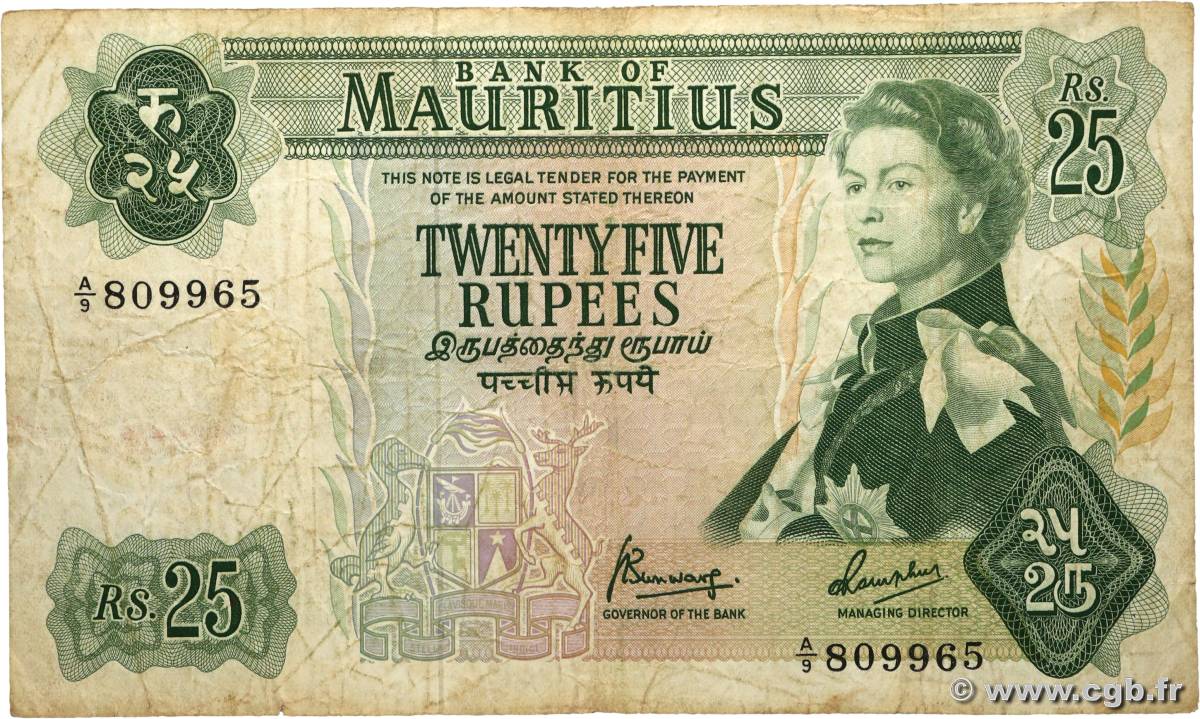 25 Rupees MAURITIUS  1967 P.32b VG