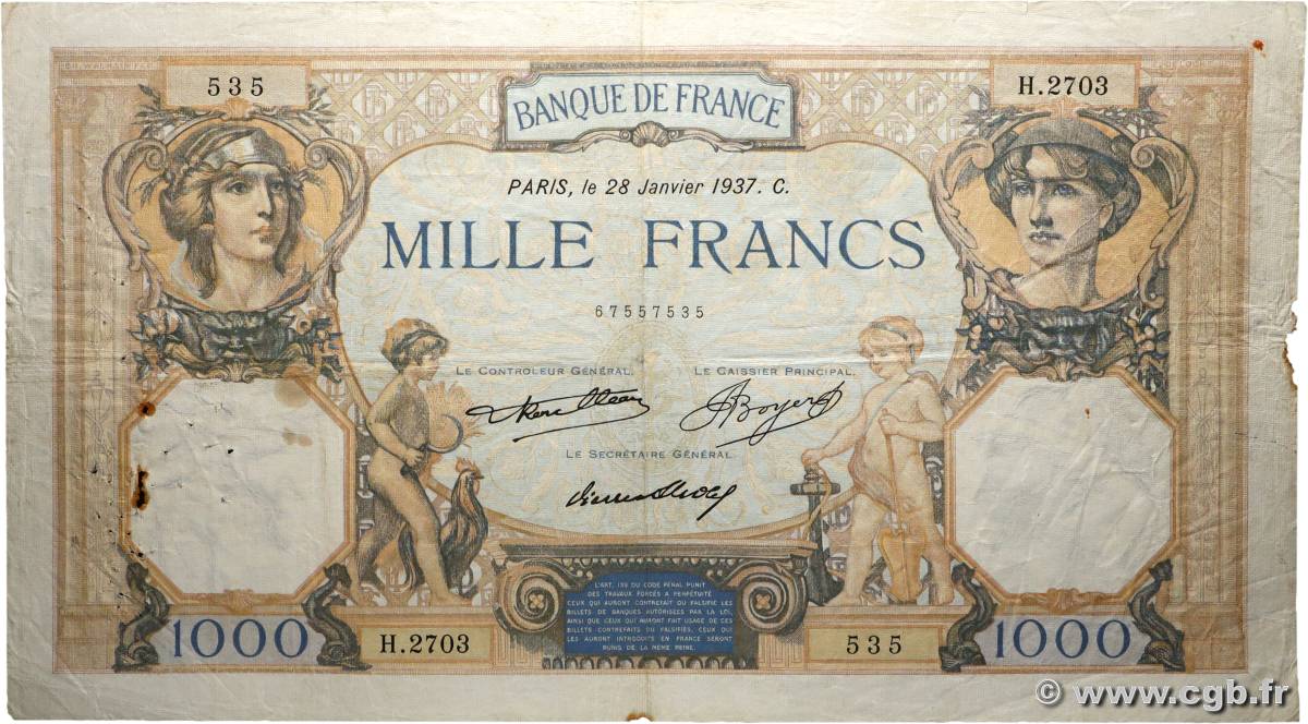 1000 Francs CÉRÈS ET MERCURE FRANCE  1937 F.37.10 F
